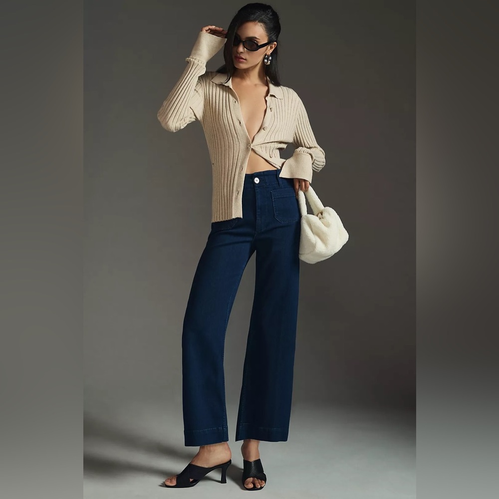 Anthropologie Beige Ribbed Cropped Cardigan with Dark Blue Wide-Leg Jeans